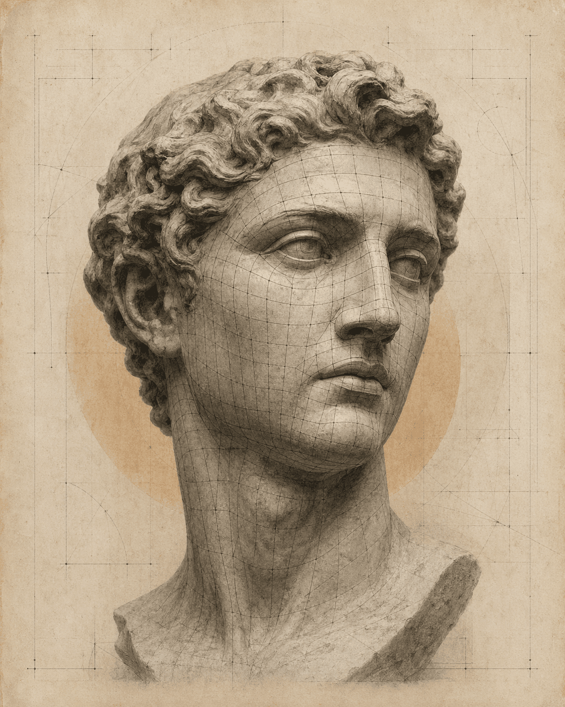 Archival sculpture study with subtle blueprint construction marks